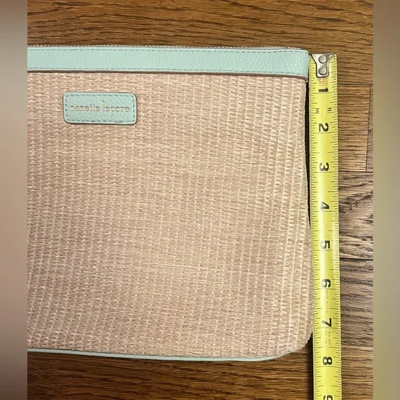 Nanette Lepore Woven Straw Wristlet Pouch - Mint Green Trim Summer Clutch - Picture 11 of 11